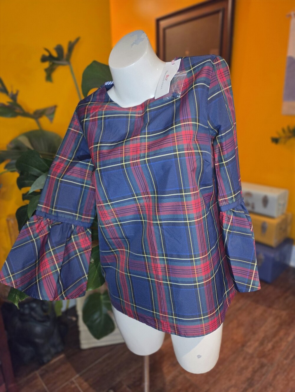 Vineyard Vines Navy Plaid Bell-Sleeve Blouse